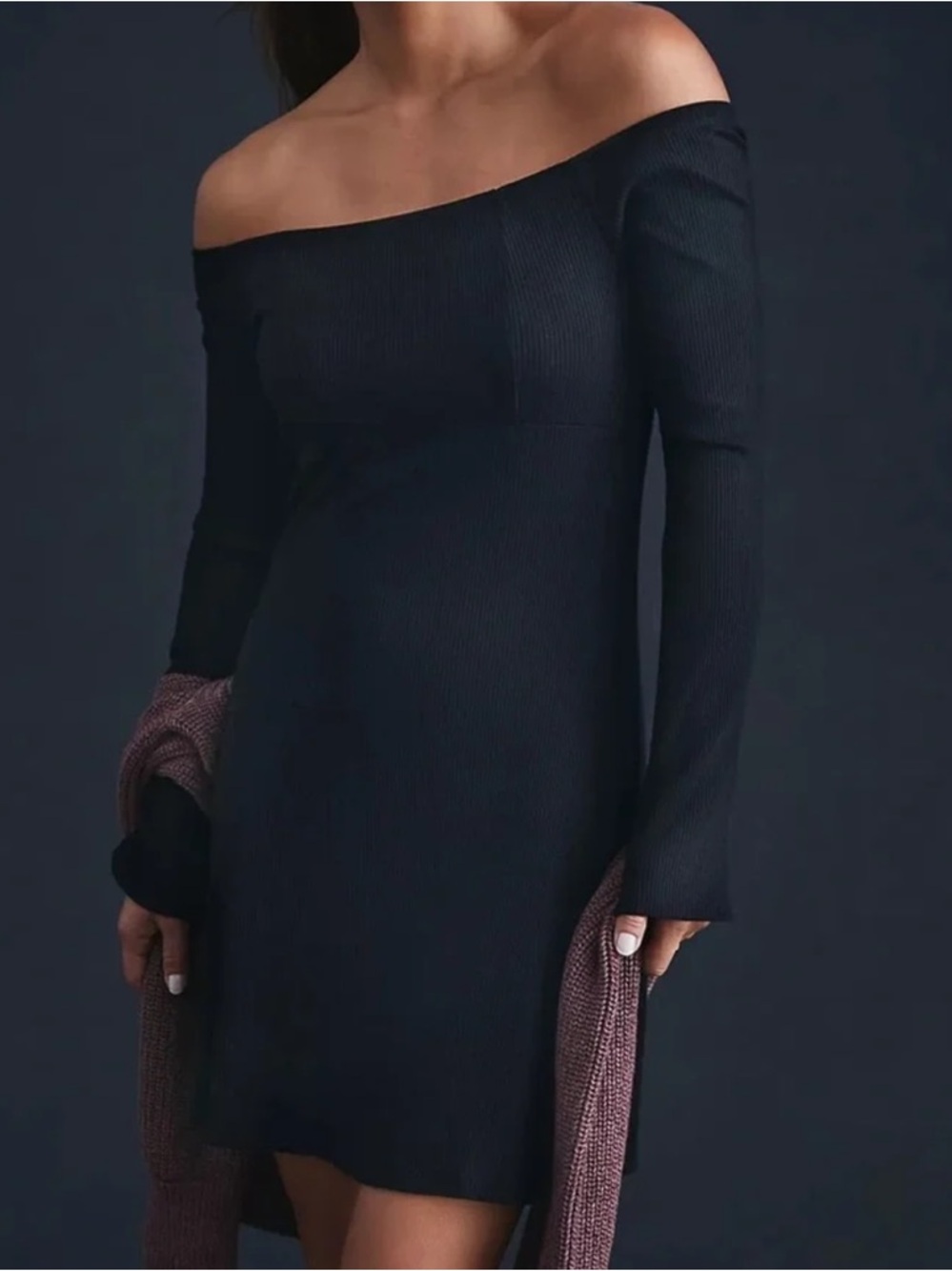 DAILY Practice Anthropologie Black Ribbed Off Shoulder Mini Dress
